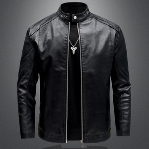 Blouson en cuir véritable pour homme, couleur unie, col montant, coupe ajustée, manches classiques, fermeture éclair, style motard, pour l'automne - Product Image 1