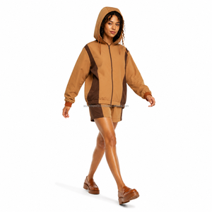 Ensemble de survêtement léger pour femme, uni, sans logo, avec passepoil contrastant, en tissu imperméable léger, vente en gros, OEM - Product Image 1