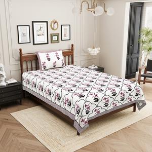 Parure de draps plats en coton 100% avec motif végétal sérigraphié de qualité supérieure, 1 taie d'oreiller, 300 fils au pouce carré, écologique - Product Image 1