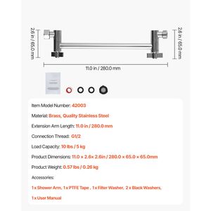 Brazo de Extensión para Cabezal de Ducha de Latón de 11 Pulgadas, Flexible, Ajustable en Ángulo y Altura, Acabado Cromado, Accesorio Universal para Cuarto de Ducha G1/2 - Product Image 4