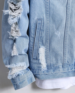 2023 Wholesale Custom Winter <b>Long</b> Denim <b>Jacket</b> for <b>Men's</b> Light Blue Print <b>Jacket</b> Ripped Denim <b>Jacket</b> for <b>Men's</b> - Product Image 3