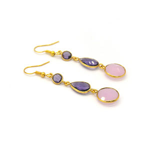 Boucles d'oreilles pendantes en améthyste violette et calcédoine rose |   Bijoux faits à la main de style bohème pour mariage, plaqués or 18 carats en laiton - Product Image 2