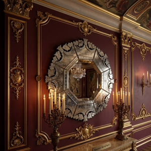 Premium Venetian Decorative Wall Mirror Round Shape with Octagonal Center and Intricate | Floral Etching <b>Antique</b> Style <b>Frame</b> - Product Image 3