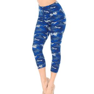 High Waist Blue Camouflage Print <b>Capri</b> <b>Leggings</b> Stretch Knitted Women's Casual All Seasons Style - Product Image 1