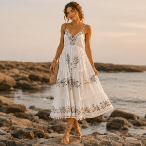 Vestido Maxi Boho Bordado de Algodón para Mujer, 100% Algodón Tejido, Transpirable, Antipilling, Vestido Étnico de Verano - Product Image 1