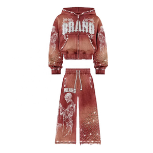 Ensemble de survêtement femme bordeaux délavé avec strass squelette, comprenant un sweat à capuche court zippé et un pantalon large, style gothique Y2K streetwear, deux pièces tendance - Product Image 2
