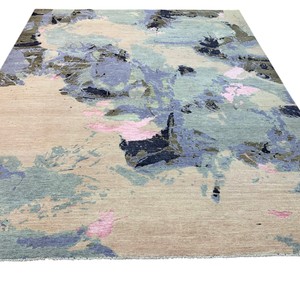 Alfombra Moderna Abstracta de Lana con Diseño de Acuarela, Azul Cielo, Rosa Pálido, Beige Arena, con Brillo Sedoso, para Sala de Estar Contemporánea - Product Image 2