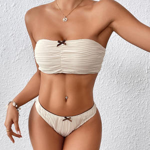 Women's <b>White</b> Ruched Bandeau <b>Bikini</b> <b>Set</b> 2 Piece Solid Stretch Swimwear Hipster Bottoms - Product Image 1