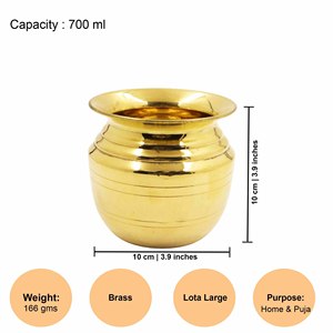 Pot à eau rond sculpté en laiton doré Kalash Lota pour la décoration de la maison, la décoration rituelle du temple - Product Image 2