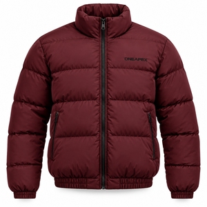 Men's <b>Burgundy</b> <b>Puffer</b> <b>Jacket</b> Stand Collar Zip Up Winter Coat Warm Casual Outdoor Streetwear Custom Private Label - Product Image 1