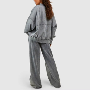 Ensemble de survêtement décontracté pour femme en coton délavé gris, veste ample et pantalon large, deux pièces - Product Image 2