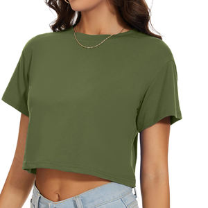 Camiseta de verano informal de manga corta para mujer, básica, suave, ajustada, con cuello redondo, personalizada, estilo crop top, transpirable, de tela tejida. - Product Image 3