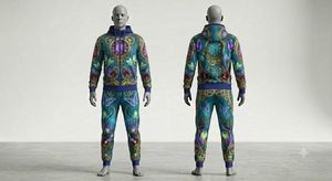 Unisex Tracksuit Set Full <b>Zip</b> <b>Hooded</b> Jacket Joggers Floral Print Casual Autumn Wear Breathable Polyester Regular Fit - Product Image 2