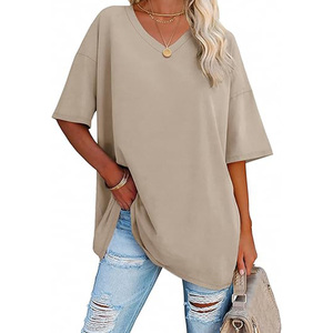 <b>T</b>-<b>Shirt</b> Solid Color Loose Fit Short Sleeve Cotton Jersey Women's <b>Oversized</b> <b>V</b>-<b>Neck</b> - Product Image 1