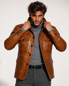 Veste de chasse en cuir d'agneau marron cognac faite à la main, style safari pour homme - Product Image 4