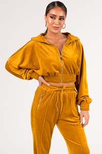 Ensemble de survêtement en velours pour femmes grandes tailles, jaune moutarde, couleur unie, col rond, manches longues, coupe ample, taille élastique, vêtements décontractés pour l'automne - Product Image 3