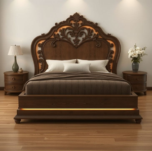 Elegante cama con acabado en nogal, detalles en hoja de oro y un cabecero regaloso con diseño de rayos de sol. Disponible a precios de mayorista. - Product Image 2