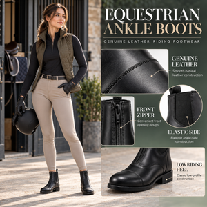 Front Zipper Equestrian Ankle <b>Boots</b> Genuine Leather <b>Low</b> <b>Heel</b> | Black Paddock Horse Riding Footwear with Flexible Elastic Panels - Product Image 5