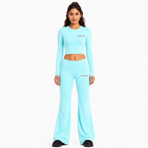 Custom Letter Yoga Sets Women <b>Long</b> <b>Sleeve</b> Crop <b>Top</b> High Waist Flared Leggings 2 Piece Outfit <b>Gym</b> Activewear Trendy Workout Set - Product Image 2