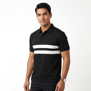 Polo à manches courtes noir pour homme avec blocs de couleur rayés blancs, design tricoté décontracté - Product Image 3