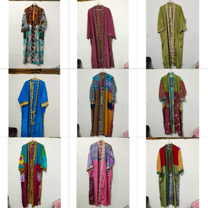 House Wear Soft Silk Bathrobe Multi Color Indian Vintage Recycled Silk Sari Kimono V-neck Drawstring Closure Full Length Women's - Product Image 1