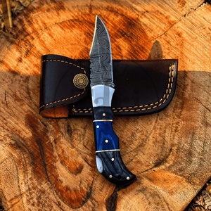 Handmade Damascus Industrial Grade Folding Knife Blue Wood Handle <b>Drop</b> Point Blade 3-Year Warranty Pocket Knife Leather Pouch - Product Image 2