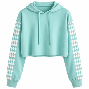<b>Women's</b> Cropped Hoodie Long Sleeve Geometric Pattern Mint Green Casual Knitted Sweatshirt Autumn Wear - Product Image 1