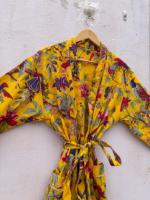 Bata de casa de algodón puro con estampado indio, kimono de verano, pareo de playa/ropa cómoda para embarazadas |   Leopa con Rayas Rosa y Amarillo Mostaza Fresco