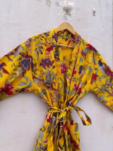 Bata de casa de algodón puro con estampado indio, kimono de verano, pareo de playa/ropa cómoda para embarazadas |   Leopa con Rayas Rosa y Amarillo Mostaza Fresco - Product Image 6