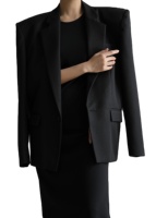 Blazer long sur mesure en velours tissé noir uni, respirant, à bouton unique, manches longues, coupe ample pour femme, viscose/polyester