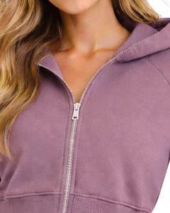Sudadera con capucha corta con cremallera para mujer, de manga larga, informal, de forro polar suave, estilo urbano, color morado malva, para otoño e invierno - Product Image 3