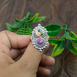Anillo de Plata de Ley 925 Hecho a Mano con Doble Piedra de Turquesa Cobre Púrpura Natural y Turquesa Ostra Azul, Anillo de Declaración para Mujer - Product Image 3