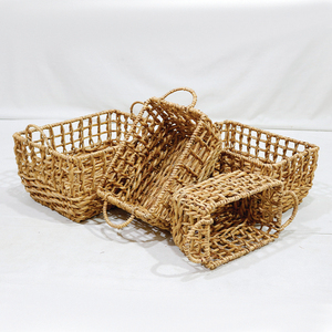 <b>Rectangular</b> Natural Water Hyacinth Eco-Friendly Simple Storage <b>Baskets</b> Set of 4 with Handles Rustic Multi-Purpose Neatening Bins - Product Image 5