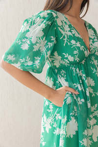 Robe midi vert à imprimé floral, col en V, manches bouffantes, style bohème ample, en mousseline, décontractée d'été pour femme, respirante et unie - Product Image 3