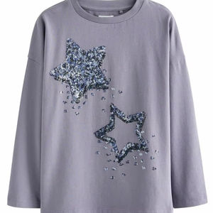 T-shirt à manches longues en coton gris lavande avec broderie étoile à sequins, col rond, vêtement décontracté d'automne, pull-over - Product Image 1