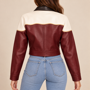 Women's Color Block PU Leather Bomber <b>Jacket</b> Full <b>Sleeve</b> Turn-down Collar Zipper Closure <b>Short</b> Length Autumn Style - Product Image 2