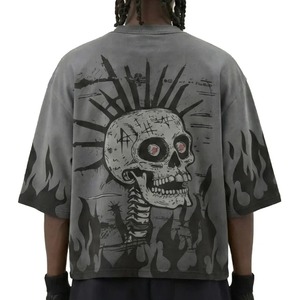 Men's Oversized Washed Cotton T-<b>Shirt</b> Short Sleeve O-Neck <b>Flame</b> Print Street Style Jersey Knit Regular Length Men's T-<b>Shirt</b> - Product Image 2