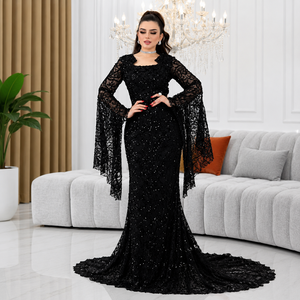 Vestido de Noche Moderno de Lujo Negro con Lentejuelas y Encaje, Elegante Vestido de Fiesta de Diseñador para Mujer con Manga Larga y Cola Larga de Satén - Product Image 1