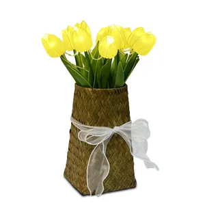 Natural Seagrass Woven Storage Basket with Simulation Flower Night Light Tulips Atmosphere LED Table Lamp