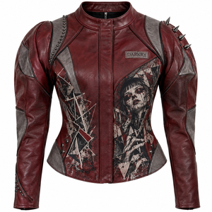 Chaqueta de Cuero Genuino para Mujer, Color Gris Marrón, Estilo Motero, con Diseño Geométrico Personalizado, Mangas con Tachuelas, Servicio de Fábrica - Product Image 1