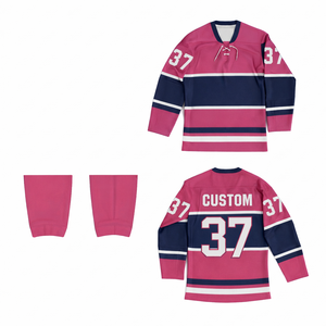 Camiseta de hockey sobre hielo personalizada sublimada en azul marino con rayas rosas, al por mayor, transpirable, de secado rápido, atlética, de corte regular, deportiva. - Product Image 1