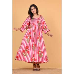 Robe longue maxi bohème en coton indien à imprimé floral pour femmes, robe de soirée d'été à manches longues smockées - Product Image 1