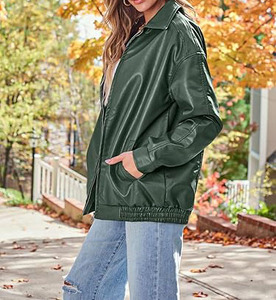Chaqueta de Cuero Verde para Mujer, Estilo Bomber Oversize, Cuello Camisero, Cierre de Cremallera, Dobladillo Elástico, Ajuste Holgado, Ropa Exterior Informal Personalizada - Product Image 3