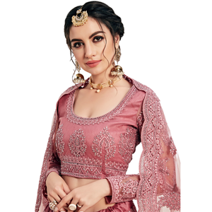 Impresionante Lehenga Choli Tradicional India-Pakistaní de Seda Satén Rosa con Hermoso Bordado de Cordones y Pedrería para Mujer - Product Image 1