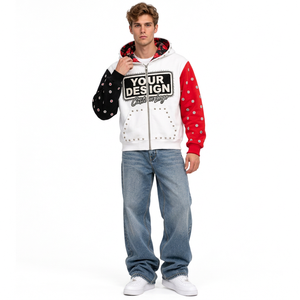 Sudadera con capucha y cremallera para hombre, personalizada, bordada, de algodón grueso, con bloques de color, estilo urbano informal y desgastado. - Product Image 4