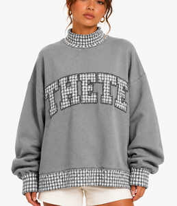 Sweat-shirt à col montant pour femme THETE, coupe ample, en tissu épais, patchwork à carreaux, style décontracté, pull universitaire - Product Image 4