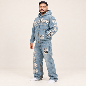 Ensemble de survêtement vintage délavé à capuche et fermeture éclair intégrale pour homme, pantalon large, broderie appliquée personnalisée, style streetwear avec détails de patchs - Product Image 3