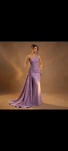 Vestido de Novia Sirena Morado de Satén con Cuello Redondo y Cola Larga, Talla Grande, con Sujetador Incorporado, Estilo Vintage Moderno, Largo hasta el Suelo, Natural - Product Image 3