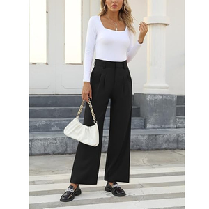 Pantalon large taille haute pour femme, coupe décontractée, plissé devant, en crêpe noir uni, longueur intégrale - Product Image 4