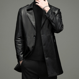 <b>Men</b> Black Leather <b>Long</b> Blazer Coat Single Breasted Notched Collar Windproof British Style Full Length Sleeve <b>Jacket</b> - Product Image 1
